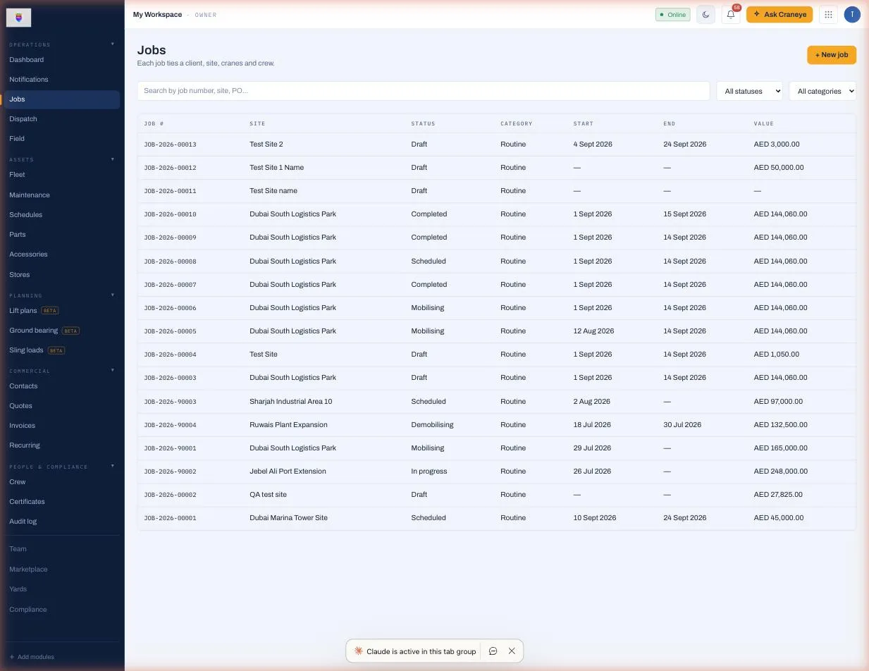 The Jobs list, one row per job with number, site, status, dates and value.